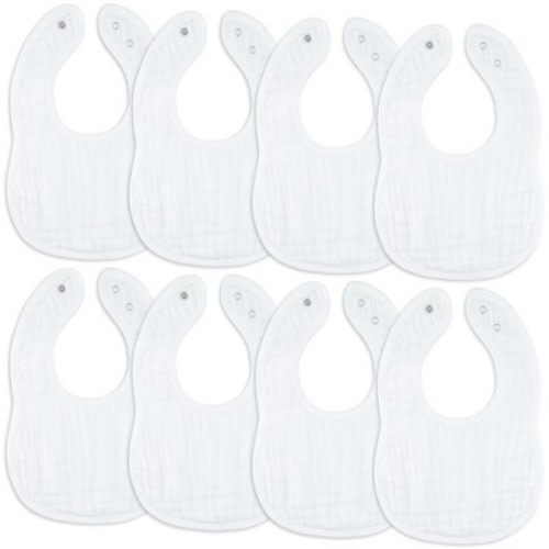 Muslin Cotton Baby Bibs, 8 Pack, Adjustable Size with Easy Snaps, Soft and Super Absorbent, Washable and Reusable By Comfy Cubs - White