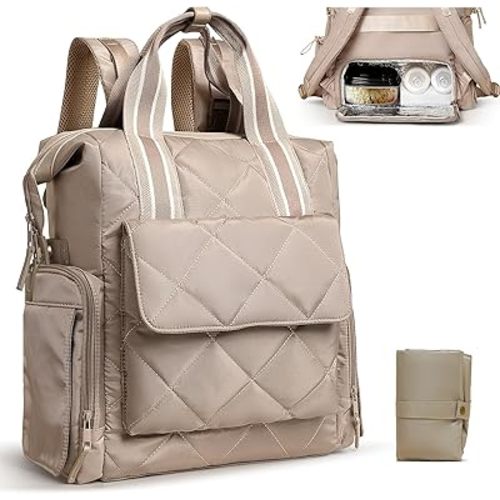 Diaper Bag Backpack Quilted Baby Diaper Bag Pañaleras Para Bebe Breast Pump Backpack for Working Moms with 11 Pouches,Large Insulated Cooler Compartment,Stroller Straps,Changing Pad,Khaki