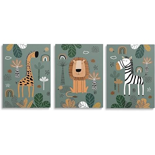 SKYSUKEY Boho Safari Nursery Prints Neutral Wall Art, Framed Green Canvas Prints, Safari Baby Animals Wall Art Set of 3, Framed, Boys Girls Kids Room Wall Decor, 12"x16"