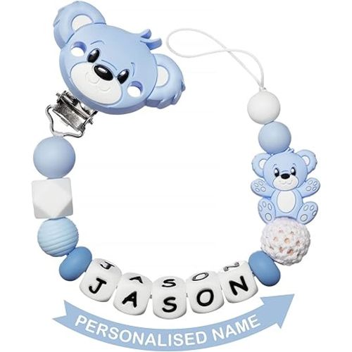 Personalized Pacifier Clip with Name for Baby, Customized Pacifier Clip Fits All Pacifiers, Baby Birthday Gift for Boys and Girls, Bear (Blue)
