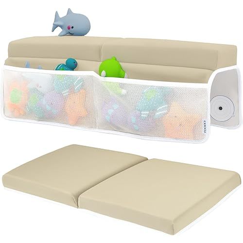 Baby Bath Kneeler and Elbow Rest Pad Set - Baby Bath Support for Knees and Elbows - Bath Kneeler Pad with Memory Foam and Bath Toys Organizer - Ideal Bath Kneeling Pad for Bathing Baby - Beige