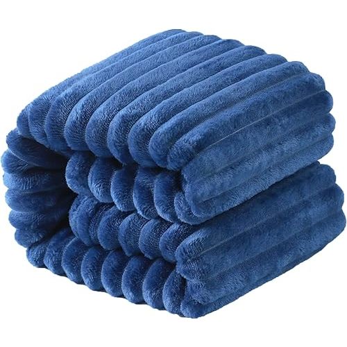NTBAY Plush Soft Flannel Baby Blanket, Warm and Cozy Unisex Toddler Blanket with Stripe Pattern for Stroller, Crib, Travel, 30x40 Inches, Navy Blue