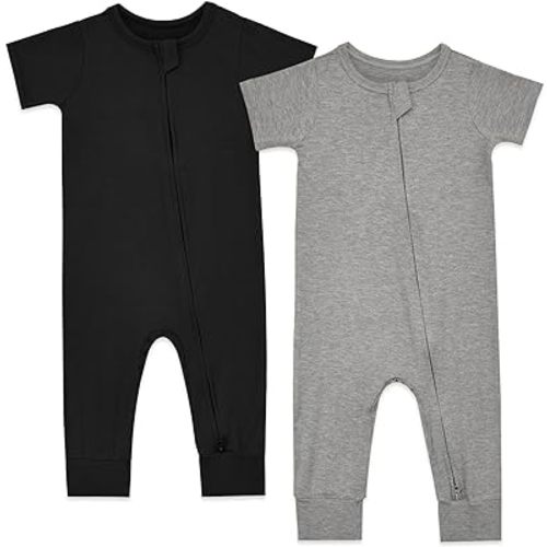 Aablexema Baby Romper Bamboo Rayon Short Sleeve Footless Pajamas 2 Way Zipper Summer Sleeper Jumpsuit Outfits 0-24 Months
