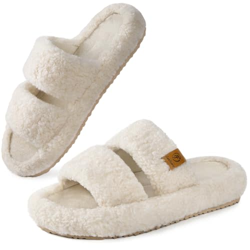 EverFoams Womens Fuzzy Open-toe Slippers Soft Comfy Memory Foam Indoor House Shoes