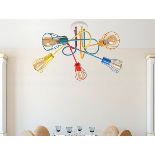 5 colored cage lights branching semi flush mount ceiling Light fixture kid chandelier lighting Multi-light ceiling lighting Nursery lighting