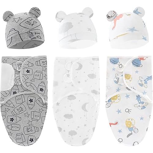 3-Pack Baby Swaddle Sleep Sacks Baby Swaddle Blanket Wrap for Boys Girls,Babies Swaddle Sack with Hat for 0-3 Months Newborn (E)