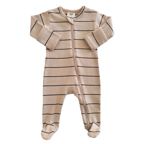 Tan/Black Stripe / Organic Ribbed Zip Footie