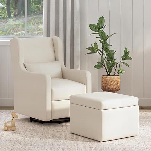 Carter's by DaVinci Adrian Swivel Glider with Storage Ottoman in Performance Cream Linen, Water Repellent and Stain Resistant, Greenguard Gold & CertiPUR-US Certified