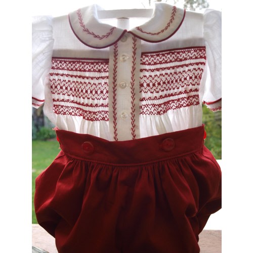 Hand Smocked Red and White Cotton Boys Button-On Crawler Suit - Size 12 to 18 months