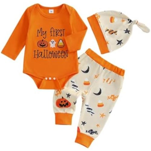 Baby Boy Halloween Outfit Newborn My First Halloween Romper Onesie+Pants+Hat Cute Infant Pumpkin Outfits Clothes