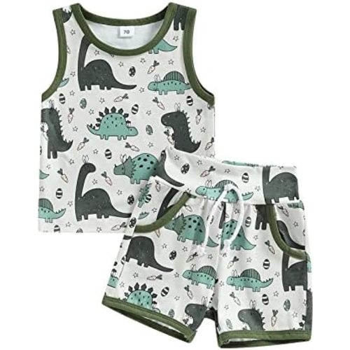 Ledy Champswiin Toddler Boy Clothes Baby Summer Outfit Dinosaur Letter Print Cotton Tops+Grey Elastic Shorts 2pcs