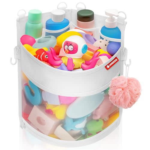 UNEEDE 3.5 Gallons Corner Mounted Versatile Bath Toy Organizer, Mesh Shower Caddy for Bathtub Toy Organizer and Storage, Quick Dry Bath Toy Holder