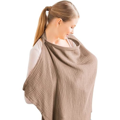 Konssy Muslin Nursing Cover for Baby Breastfeeding, Breathable 100% Cotton Breastfeeding Cover with Rigid Hoop for Mother Nursing Apron, Multi-use Carseat Canopy (Brown)