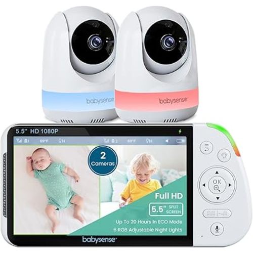 Babysense 5.5” 1080p Full HD Split-Screen Baby Monitor, Video Baby Monitor with 2 Cameras and Audio, 6-Color RGB Night Light, 1000ft Range, Two-Way Audio, 4X Zoom, 5000mAh Battery
