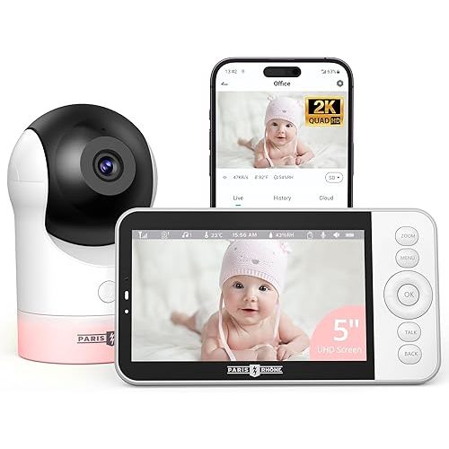 PARIS RHÔNE Video Baby Monitor, 2K UHD WiFi Camera, Night Vision, 5” Smart Baby Monitor with App Control, Motion and Cry Detection, AI Tracking, Three-Way Audio, RGB Night Light, Lullabies