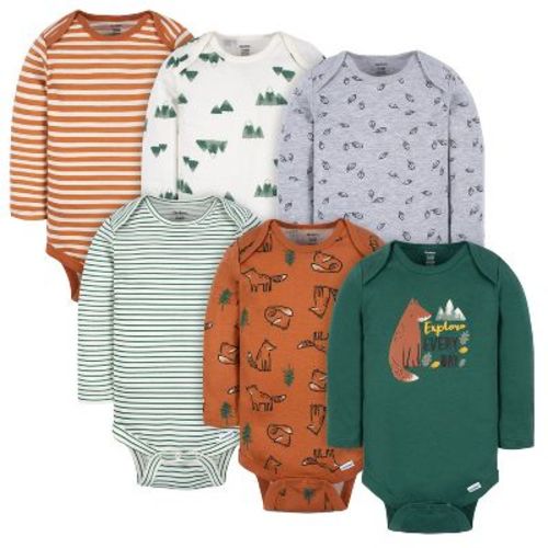 Gerber Baby Boys' Long Sleeve Onesies® Bodysuits, 6-pack, Fox, 3-6 Months
