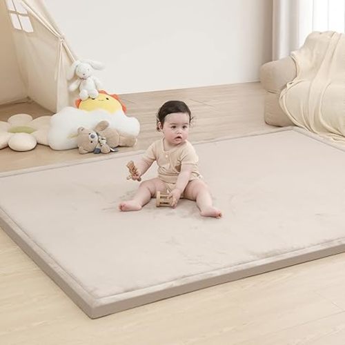 Baby Play Mat for Floor,1.3" Thick Memory foam Tummy Time Mat,Soft Coral Velvet Nursery Rug for Toddlers,Infants,kids,Extra Large Non Slip for Crawling,Yoga,Tatami Style for Living Room(Beige)
