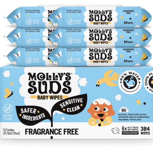 Molly's Suds Sensitive Clean Baby Wipes | 99% Water, Plant-Based, Fragrance Free | 384 Total Wipes (6 Flip-Top Packs)