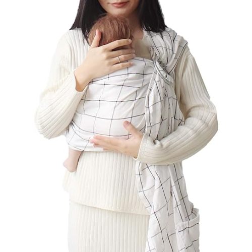 Ring Sling Baby Carrier, Soft Cotton Baby Sling Carrier Newborn to Toddler, Baby Wraps Carrier for Plus Size Parents, Perfect Shower Gift, White Plaid