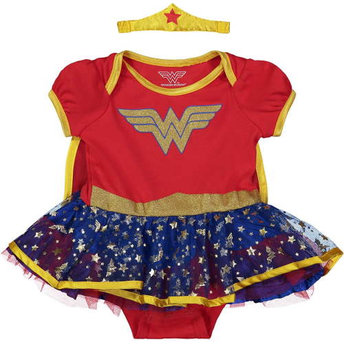 DC Comics Justice League Wonder Woman Infant Baby Girls Costume Bodysuit Dress Cape and Headband 3 Piece Set Newborn to Infant