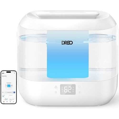 Dreo Smart Humidifier, Cool Mist Humidifiers for Bedroom, Quiet 4L Top Fill Ultrasonic Humidifiers for Home Office Plant & Baby with Nightlight, LED Display, 32H Runtime, APP/Voice Control, HM311S - White