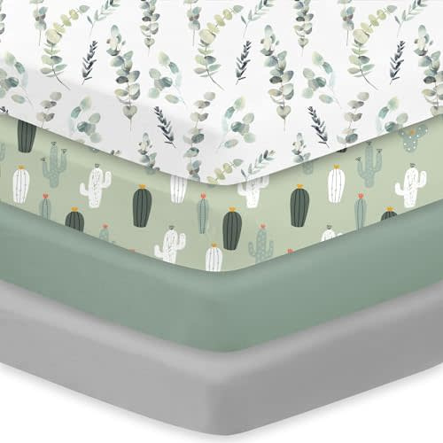 Little Grape Land Crib Sheets 4 Pack, Baby Crib Sheet Set for Standard Crib & Toddler Mattress, Super Soft Breathable Crib Mattress Sheets Fitted Girl & Boy, Leaves/Cactus/Green/Grey Set