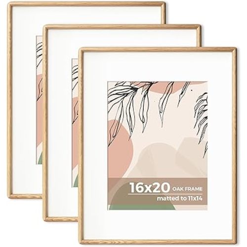 Axeman 16x20 Oak Frame Set of 3 - Rounded Corner 16 x 20 Picture Frame Matted to 11x14 - Natural Oak Wood Photo Frame with Tempered Glass for Wall Mount Display
