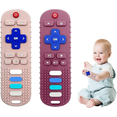 2-Pack Baby Teething Toys-TV Remote Control Shape Silicone Infants Teething Toys for Babies 0-18 Months,BPA-Free (Khaki+Red)