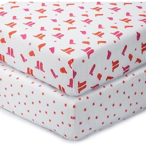 LollyBanks Baby Girl Crib Sheets 2 Pack, 100% Muslin Cotton Soft and Breathable Baby Crib Sheets, Snug Fitted Sheet for Standard 52"x28" Mattress, Nursery Must Haves (Pink Boot and Pink Star)