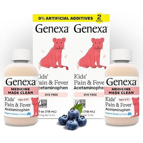 Genexa Kids’ Clean Pain & Fever Acetaminophen, Dye Free, 0% Artificial Additives, Delicious Organic Blueberry Flavor, Liquid Oral Suspension Medicine, Children 2-11, 160 mg per 5mL, 8 fl oz (2 Pack)