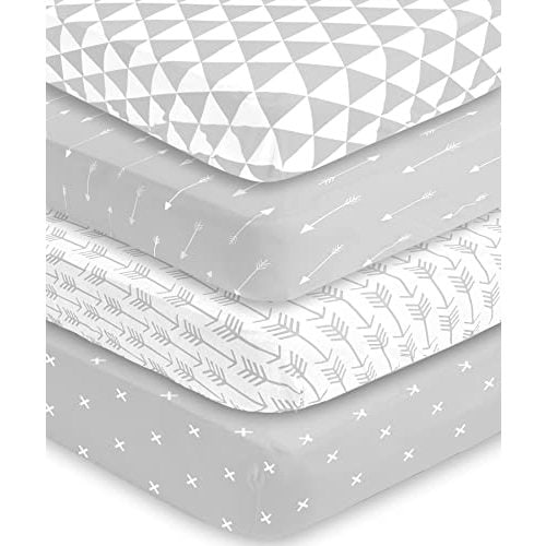 BaeBae Goods Crib Sheets for Baby Boys and Girls, 4 Pack, Soft and Breathable Jersey Knit Fitted Sheet Set, Cute Gender Neutral Nursery Mattress Bedding, Universal Fit (Grey Triangles)