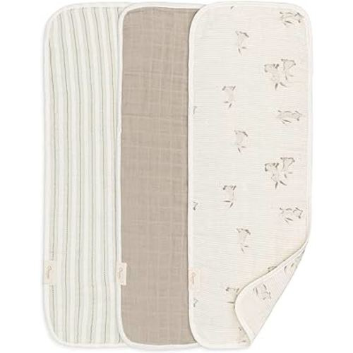 Crane Baby 100% Organic Cotton 3-pc. Burp Cloth Set - GOTS Certified Cotton, Absorbent & Lightweight with Bunny & Stripe Designs, Machine Washable, Muslin Burp Cloth