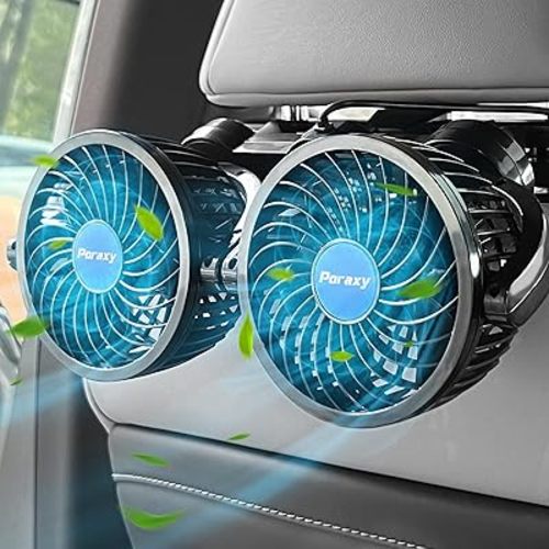 Poraxy Car Fan, 12V Cooling Fans for Backseat for Kids, Headrest 360 Degree Rotatable Dual Head Back Seat Stepless Speed Vehicles Rear Seat Air Fan for Sedan SUV RV