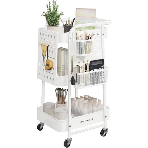 SONGMICS 3-Tier Storage Cart, Rolling Utility Cart, Metal Mesh Shelves, 2 Removable Pegboards, 2 Hanging Holders, 4 Hooks, Craft Cart for Living Room, Kitchen, Office, Bathroom, Cloud White ULRC037W01