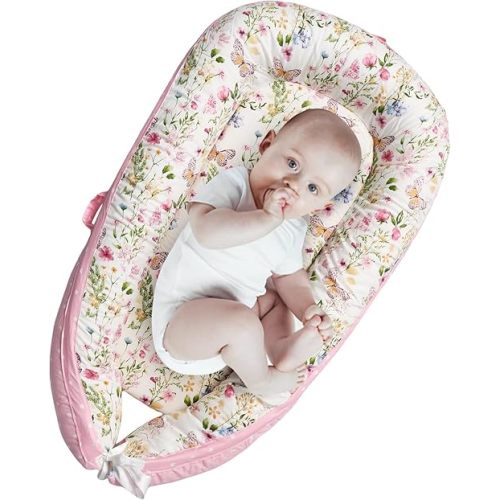 AMAWMW Baby Lounger for Newborn Infant Baby Nest Sleeper for 0-12 Months Portable Adjustable Washable Lounger Cover for Co Sleeping Removable Slipcover Lounger Pillow Floor Seat for Travel Essentials