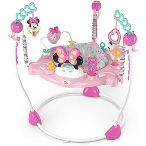 Bright starts Disney Baby Minnie Mouse Forever Besties Baby Activity Center Jumper with 10 Toys, Lights & Sounds, 360-Degree Seat, 6-12 Months (Pink)