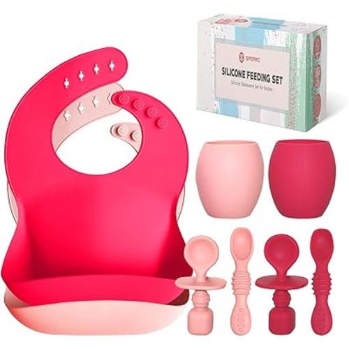 Baby Silicone Feeding Set - Baby Led Weaning Utensils, Silicone Bibs, Infant Feeding Cups For Boys, Girls, & Toddlers Smooth Waterproof Material For Practical Eating, Set of 8