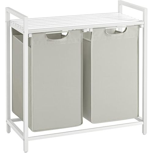 VASAGLE Laundry Hamper, Laundry Basket, Laundry Sorter with 2 Pull-Out and Removable Bags, Shelf, Metal Frame, 2 x 12.1 Gallons (46L), 28.8 x 13 x 28.4 Inches, White UBLH201W01