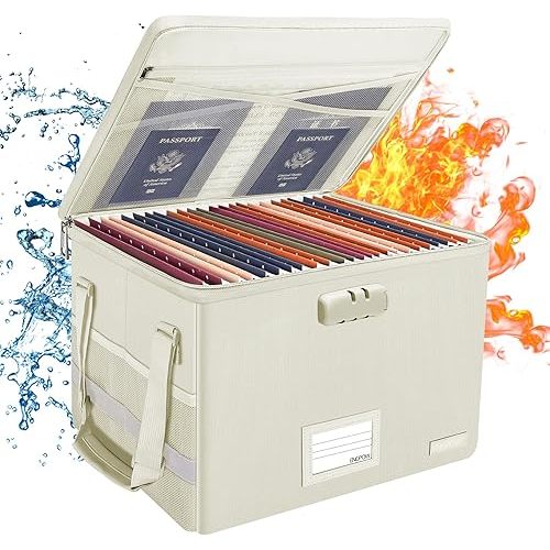 ENGPOW File Box with Lock, Fireproof Document Box with Zipper Lid, Collapsible File Storage Organizer Filing Cabinet with Handles, Portable Home Office Safe for Hanging Letter/Legal Folders, Beige