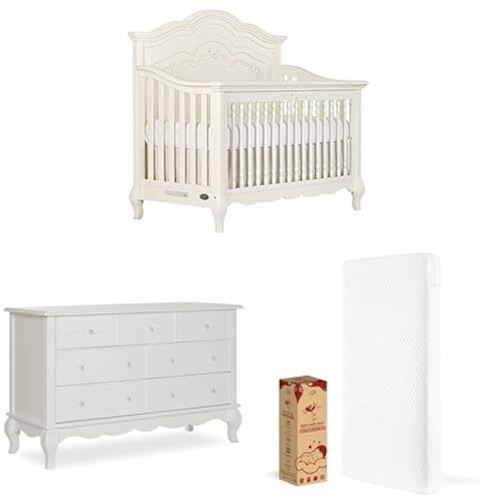 Evolur Aurora 3-Piece Nursery Bundle, Includes 5-in-1 Convertible Crib, 7-Drawer Dresser & 5” Foam Full Size Crib Mattress