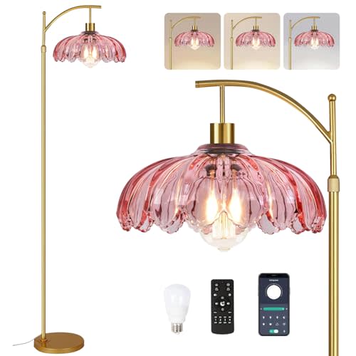 QIYIZM Pink Floor Lamp for Living Room,Bedroom,Gold Dimmable Standing Lamp with Remote,Mid Century Modern Brass Tall Lamp Boho Floor Lamps Arc Stained Glass Flower Floor Light Lamp Girls kids Bohemian