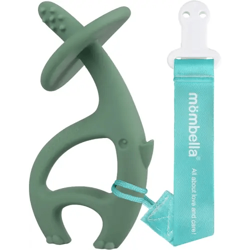 Mombella Dancing Elephant Teether Toys with Strap for 3-12 Months, Baby Teething Toys 6 to 12 Months Old with Clip, Freezable Silicone Infant Chew Toys, Easy Hold Great Gifts for Newborn, Light Green