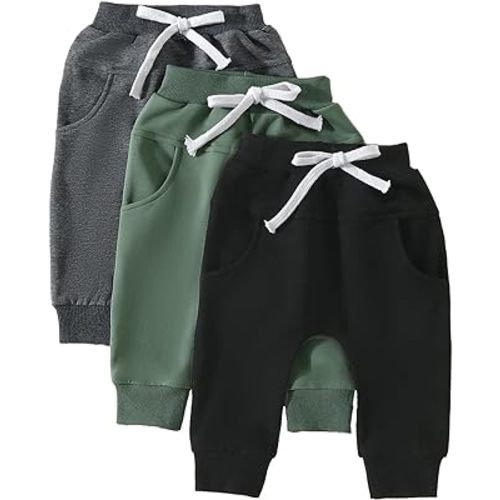 MAINESAKA Toddler Baby Boys Harem Pants 3 Pack Drawstring Solid Terry Active Joggers Pants Cotton Pull-on Crawling Sweatpants