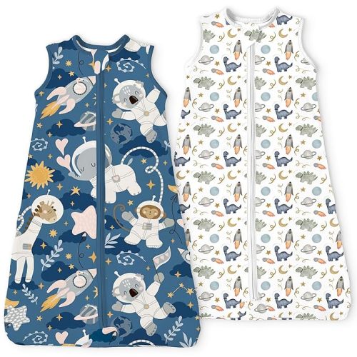 Sleep Sack 6-15 Months, Summer Light Baby Wearable Blanket with 2-way Zippers, Premium Soft Breathable Sleeping Bag for 6-12-15 Months Baby, 2 Pack(Animal Spaces)