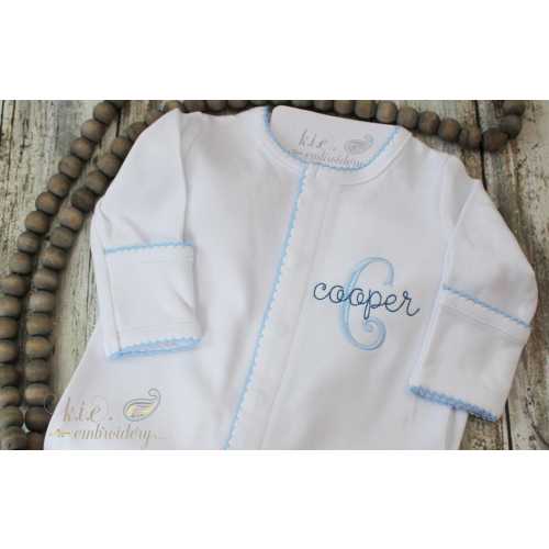 Embroidered Monogrammed Baby Boy Footie / Blue Picot Trim / Personalized / Baby Shower Gift / Baby Coming Home