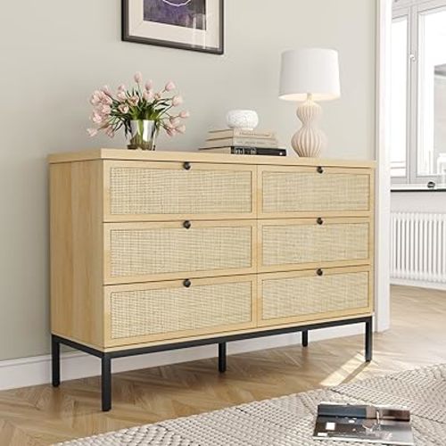 Yechen Modern 6 Drawer Dresser with Natural Rattan Drawers, Industrial Wood Double Chest of Drawers for Bedroom with Sturdy Steel Legs, Closet Storage Dressers Organizer TV Stand for Living Room