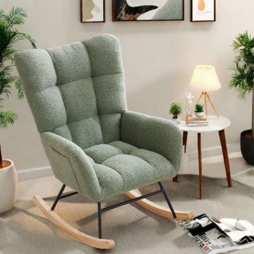 Rocking Chair Nursery, Teddy Upholstered Glider Chair with High Backrest, Armrest and Side Pockets,Green