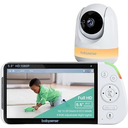 Babysense 5.5” 1080p Full HD Split-Screen Baby Monitor, Video Baby Monitor with Camera and Audio, PTZ Camera, RGB Night Light, 1000ft Range, Two-Way Audio, 4X Zoom, 5000mAh Battery