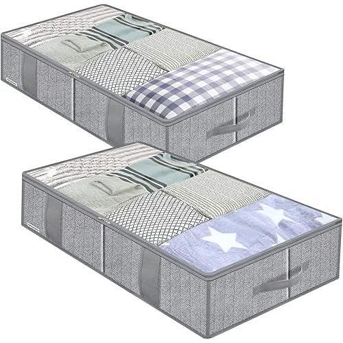 Onlyeasy Breathable Under Bed Storage Bags with 4 Reinforced Handles and Sturdy Side Wall, 2 Pack Eco-friendly Underbed Clothing Blankets Organizer with 2 Strong Zippers, Herringbone Grey, MXRUBBSS2P