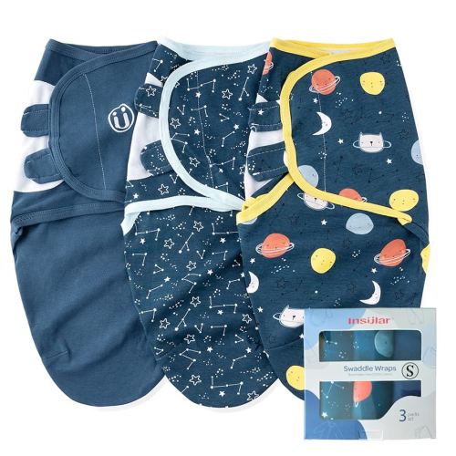 insular Baby Swaddle Sacks, Swaddle Blanket for Newborn and Infant, Adjustable Velcro Set for Boy and Girl, Soft Cotton Baby Sleep Sack 3 Pack (Space, Small(0-3M))